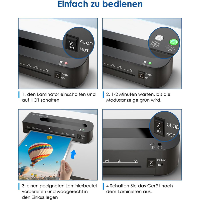 Ламінатор A4 - ламінатор 4-в-1 з 30 ламінуючими пакетами для A4/A5/A6, швидкий розігрів, комплект гарячого та холодного ламінатора з різаком для паперу, закруглювач кутів для офісу, дому та школи B-FN333