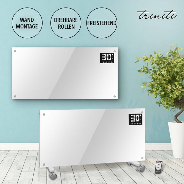 Електричний обігрівач TRINITI, конвекторний обігрівач з термостатом до 2000 Вт, елегантне загартоване скло, світлодіодний дисплей, таймер, тонкий та тихий, захист від перекидання та перегріву, коліщатка, настінний, БІЛИЙ