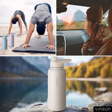 Пляшка для води Vinsun з нержавіючої сталі, бежева, 1 л - герметична, підходить для газованих напоїв, без BPA - трубочка, носик для пиття, термопляшка для спорту, активного відпочинку та школи, 1000 мл, бежевий