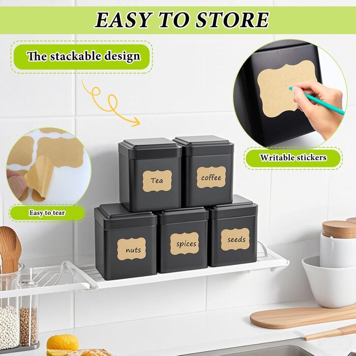Класичних квадратних чайних банок, 7 x 7 x 8,5 см, металеві чайні баночки для розсипного чаю, включаючи 20 етикеток Чорні банки для зберігання, також ідеально підходять як банки для борошна або спецій (10), 10