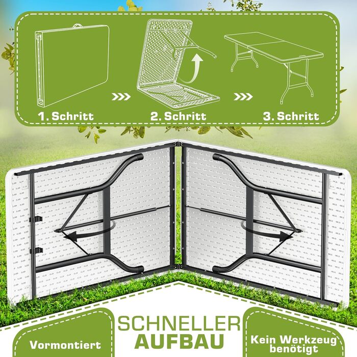 Складаний садовий стіл 180x75 см Пластик Буфетний стіл з ручкою для перенесення Складаний стіл для саду, патіо та балкону Кемпінговий стіл для 8 осіб 180 x 75 см Білий