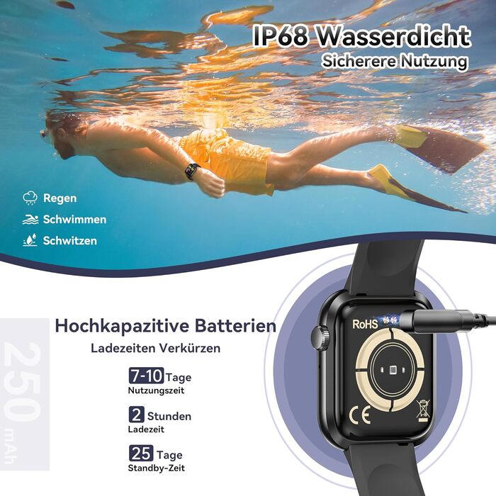 Розумний годинник для чоловіків та жінок, 1,83-дюймовий HD фітнес-трекер з крокоміром/монітором артеріального тиску/монітором серцевого ритму/функцією телефону, трекер сну, 120 спортивних режимів, водонепроникний фітнес- та спортивний годинник IP68 для iP