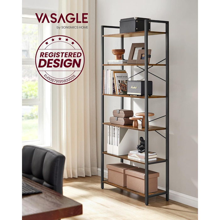 Полиця, книжкова шафа, полиця для стоячого монтажу, полиця для DVD, з 6 полицями, офісна полиця, відкриті полиці, для офісу, вітальні, спальні, кухні, 30 x 78 x 185,5 см, вінтажний коричневий-чорний LLS082B01 30 x 80 x 186 см Вінтажний коричневий чорний