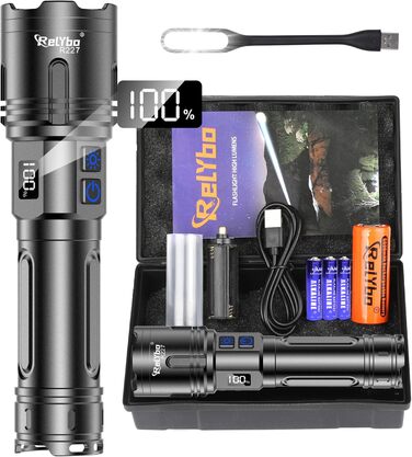 Акумуляторний світлодіодний ліхтарик 500 000 люмен, надзвичайно яскравий світлодіодний ліхтарик XHM90.2, що працює від батареї та USB, потужний тактичний ліхтарик, 2 перемикачі, ліхтарик з плавним затемненням для надзвичайних ситуацій на свіжому повітрі, 