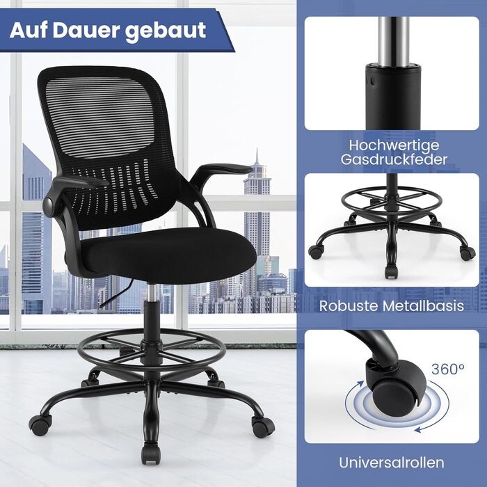 Робоче крісло COSTWAY, офісне крісло з відкидними підлокітниками та підставкою для ніг, висота сидіння 58-76 см, високе обертове крісло, вантажопідйомність до 136 кг, чорний колір, висота сидіння 58-76 см