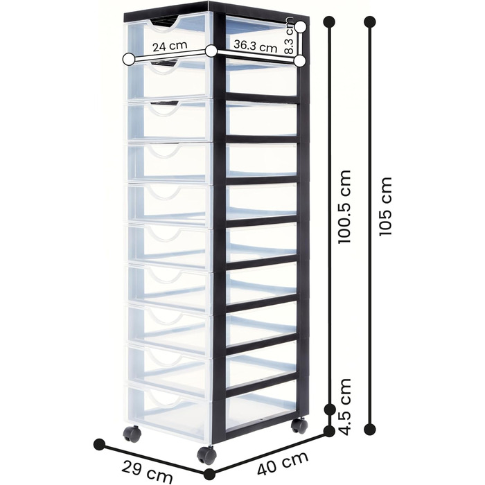 Пластикова шухляда на колесах, 10 плоских шухляд, Чорна, Висувні ручки, Для спальні, школи та офісу, Без вмісту бісфенолу, Висувна