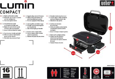 Компактний портативний електрогриль Weber Lumin Compact, до 315 C, з термометром на кришці, чавунними решітками з порцеляновим емалюванням, площа гриля 43 x 32 см, чорний (1502044), без підставки