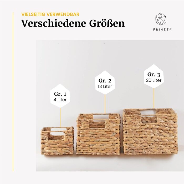 Прямокутний кошик для зберігання FRIHET, плетений з водяного гіацинта Коробка для зберігання з ручками Невеликий кошик для білизни, органайзер для гардеробу та багато іншого Різні розміри (, розмір 3) Розмір 3