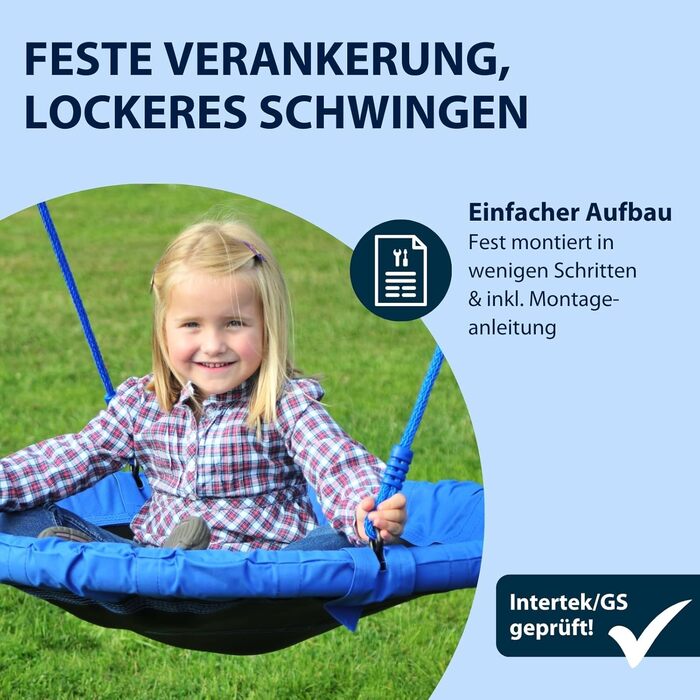 Синя пластикова гойдалка-гніздо до 100 кг - Підвісна гойдалка діаметром 90 см для приміщень та вулиці - Сімейна гойдалка для дітей