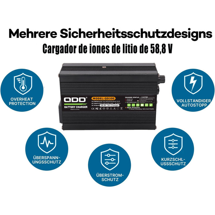 Зарядний пристрій QDD 58.8V 5A Li-ION з кількома захистами, підходить для літій-іонних акумуляторів 14S 52V, інтелектуальний зарядний пристрій