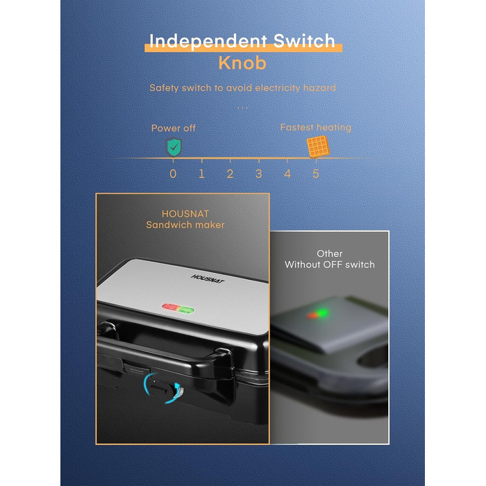 Сендвіч-машина HOUSNAT 3 в 1 - вафельниця, контактний гриль, сендвіч-машина - 1200 Вт з 5-швидкісним регулюванням температури - для бельгійських вафель - Антипригарне покриття - ідеально підходить для сніданку, кемпінгу та багато іншого Чорний