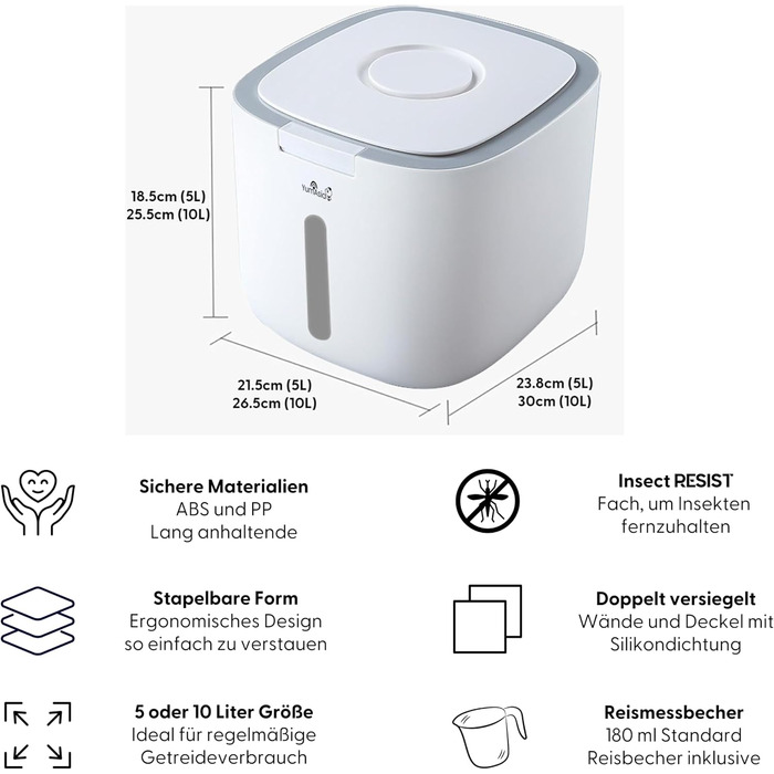 Контейнер для зберігання зерна Yum Asia (5 літрів) Білий із сірим обідком Безпечні матеріали ABS Зберігає рис, зерно, борошно, макарони, горіхи, боби тощо Подвійне закриття Штабелюється