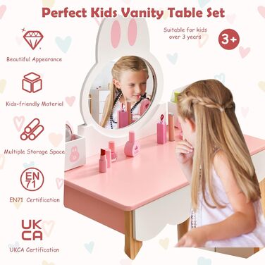 Дитячий туалетний столик LIFEZEAL 2 в 1, дитячий косметичний столик зі знімним дзеркалом і табуреткою, туалетний столик для дівчат