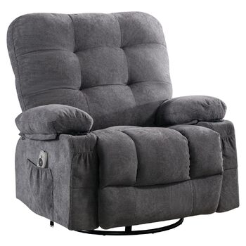 Крісло Bosmiller з функцією відкидання, масажне крісло, велике крісло для телевізора, поворотне на 360, підігрів, регульоване, тканинне крісло, сірий колір