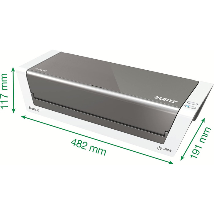 Ламінатор Leitz A3 Touch 2, повністю автоматичний високошвидкісний ламінатор преміум-класу для офісу та школи, для ламінувальних пакетів товщиною від 80 до 250 мікрон, включаючи стартовий комплект ламінувальних рукавів, iLam, 74744000