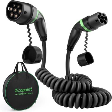 Зарядний кабель ECOPOINT тип 2 для електромобілів, 11 кВт, портативний 3-фазний зарядний кабель 16А, тип 2 до типу 2 Mennekes mode