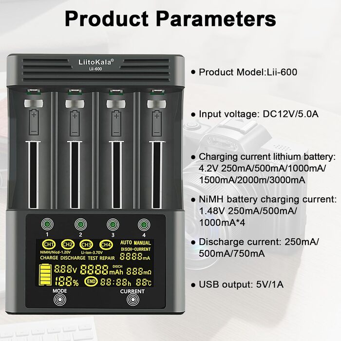 Швидкий зарядний пристрій Liitokala Lii-600 з РК-дисплеєм та сенсорним керуванням, 4-слотовий швидкий зарядний пристрій для акумуляторів 18650 з адаптером 12V 5A для Li-Ion/Ni-MH/Ni-Cd 14500 21700 AA AAA тощо.