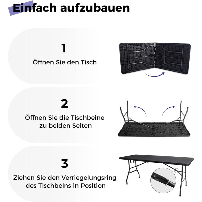 Складаний стіл, 180 см, портативний, міцний, пластиковий, розкладний, для використання в приміщенні та на вулиці, для кемпінгу, пікніків та вечірок (чорний)