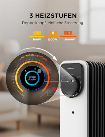 Масляний радіатор Midea, портативний електричний обігрівач потужністю 2000 Вт з 9 ребрами, поворотною ручкою керування та регульованим термостатом, 3 режими нагріву, захист від перекидання та перегріву, надзвичайно тихий для офісу та дому 9 ребер Поворотн