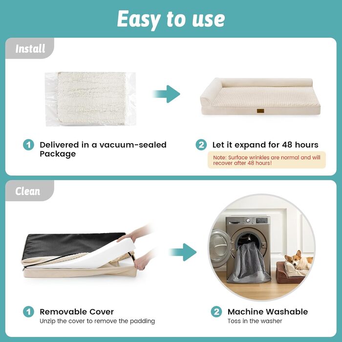 Ортопедичне ліжко для собак, диван для середніх або великих собак, великий підтримуючий кушетка з пінопласту з водонепроникною підкладкою, протиковзке, що прається, L-подібна, 44x32x7 дюймів, бежевий бежевий XL (111*81*17 см)