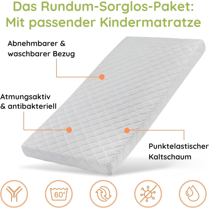 Дитяче колективне ліжко-горище 90x200 з 3 матрацами, висувне двоярусне ліжко з функцією висуву, дві шухляди, рейкова основа, захисні поручні, трансформується в ТРИ односпальні ліжка, масив дерева Білий 90x200 см 3 матраци білий - Стиль 2