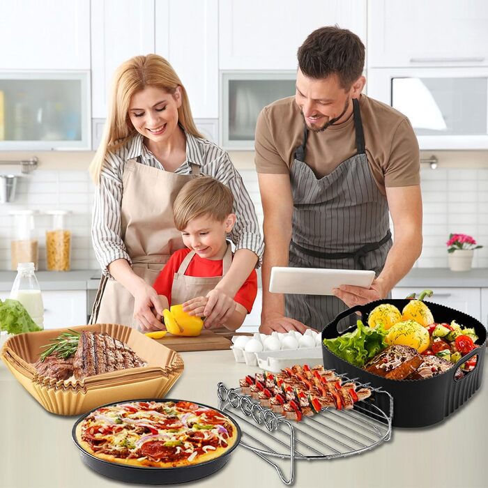 Аксесуари для фритюрниці 4PCS 22CM - Аксесуари для фритюрниці Philips Airfryer XXL 7.2 л, 8.3 л, COSORI 5.5 л, Princess 6.5 л, Ninja 6.2 л, решітка для гриля Форма для піци Папір для випічки Силіконова форма для фритюрниці