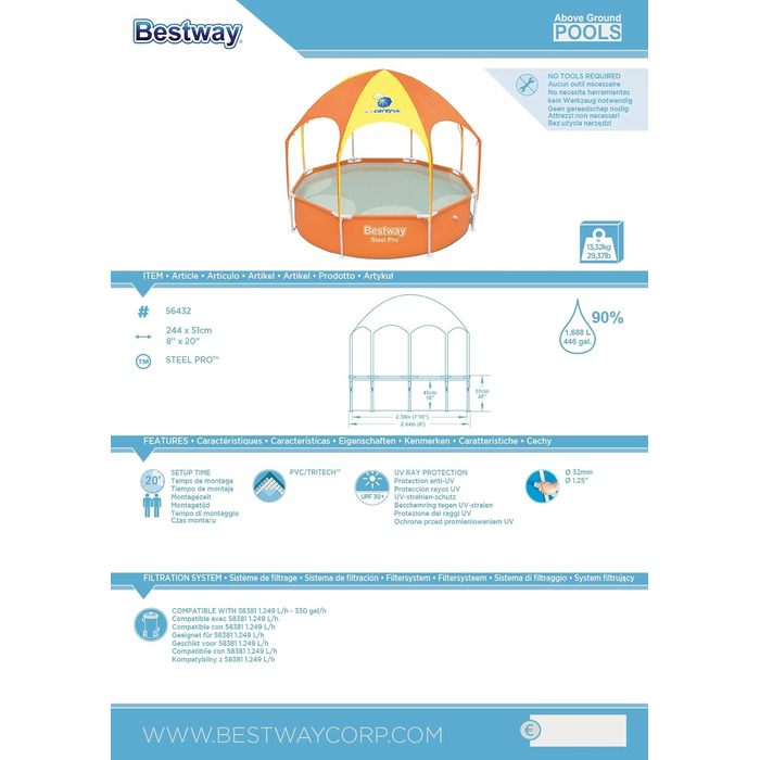 Басейн Bestway Steel Pro Frame з сонцезахисним дахом &quotSplash-in-Shade" без насоса Ø 244 x 51 см, кольоровий фруктовий дизайн, круглий