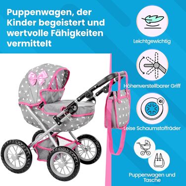 Коляска для ляльок Kinderplay від 2 років, коляска для ляльок від 2 років - Легка та стійка конструкція, коляска для ляльок від 1