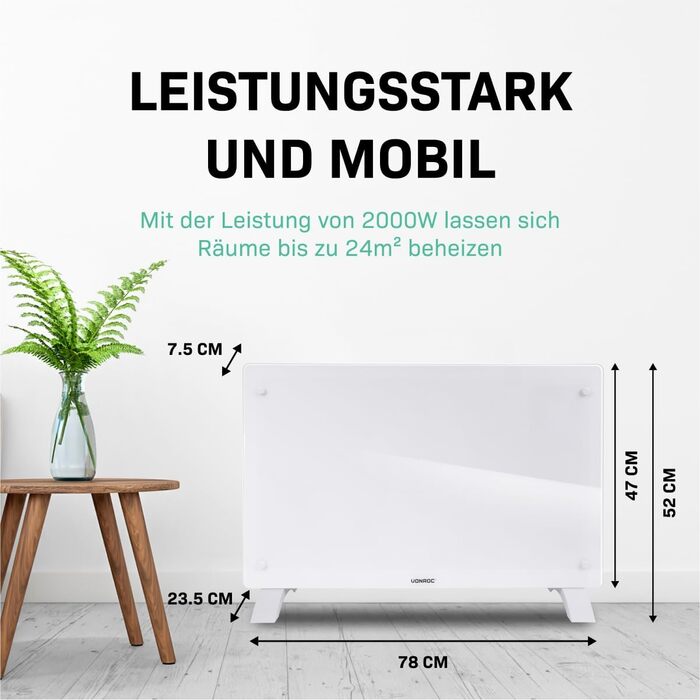 Енергозберігаючий електричний обігрівач VONROC 2000 Вт - Конвекторний обігрівач для приміщень площею до 24 кв. м - Портативний електричний обігрівач Керування за допомогою додатку/сенсорне керування - Радіатор 2-в-1 для настінного/підлогового монтажу - Бі