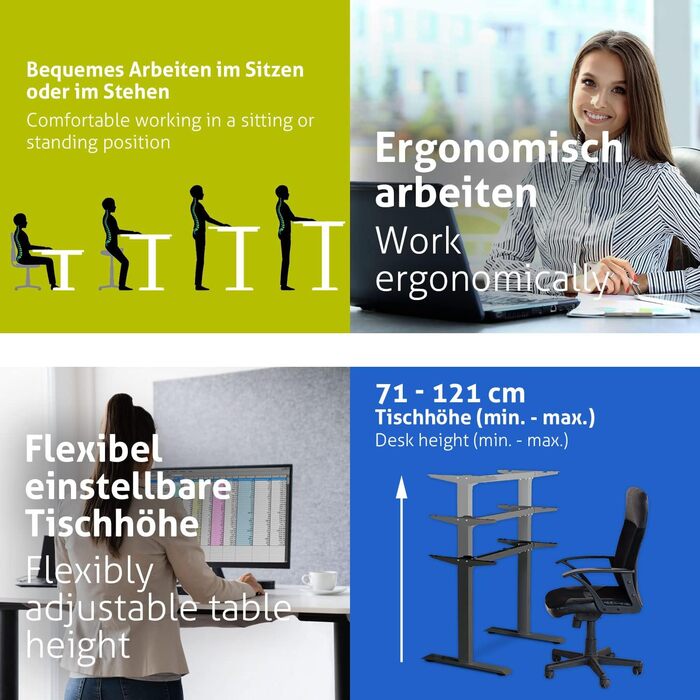 Чорний - Ергономічна рама для столу з функцією сидячи/стоячи, безступінчасте електричне регулювання висоти 71-121 см, 3 слоти пам&39яті, порт заряджання USB, нагадування про активність, плавний старт/зупинка, 121B