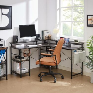 Г-подібний ігровий стіл зі світлодіодним освітленням та розетками, кутовий стіл 140x140 см, двосторонній комп&39ютерний стіл з полицею для монітора, 4 полиці та бічні кишені для домашнього офісу та офісу, чорний, 140x140x85 см