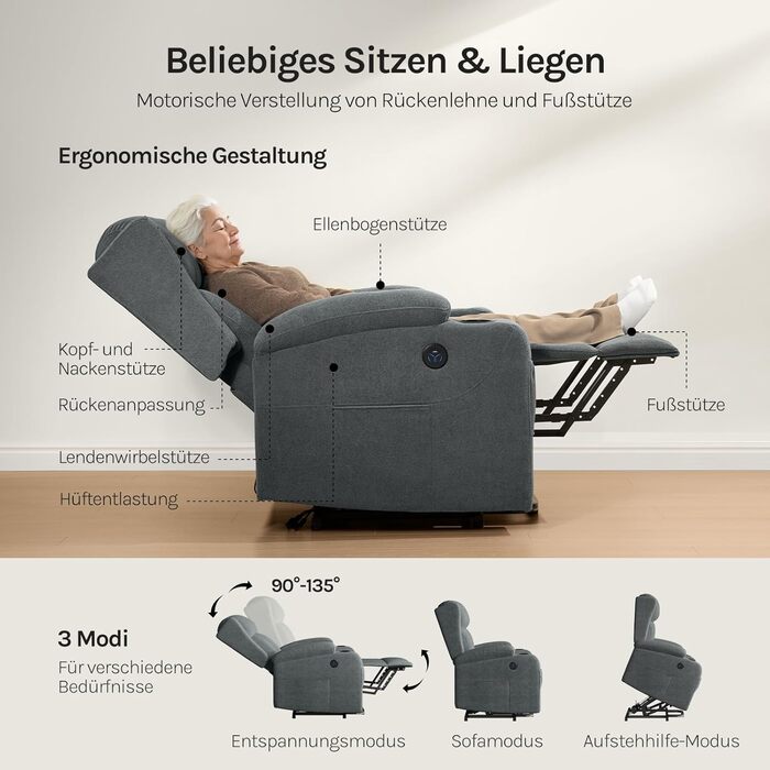 Масажне крісло WOLTU, електрично регульоване, з функцією нахилу спинки, підйомник, масаж з підігрівом, підставка для ніг, бічні кишені, підстаканники, USB-порт, махрова тканина, сірий