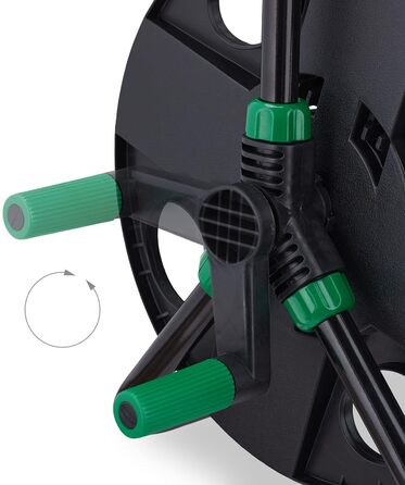 Котушка для шланга Relaxdays, для 30 м шланга 1/2, сталь, пластик, тримач шланга, 38 x 42 x 31 см, чорний/зелений