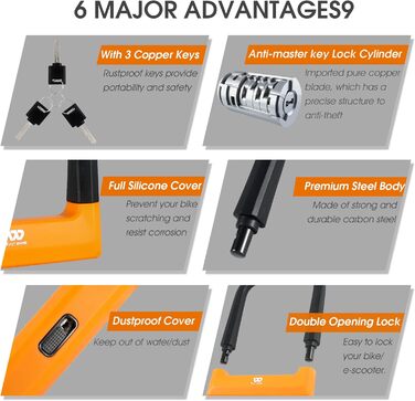 Велосипедний замок ICOCOPRO U-lock, U-подібний замок 18,7 мм, надміцний U-подібний замок високої безпеки, велосипедний замок з 3 ключами, U-подібні замки для гоночних велосипедів, гірських велосипедів, чорний