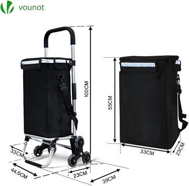 Алюмінієвий візок для покупок зі сходами, складаний, з гачком-поршнем, 6 коліс та термосумкою, водонепроникний, 58л, Чорний