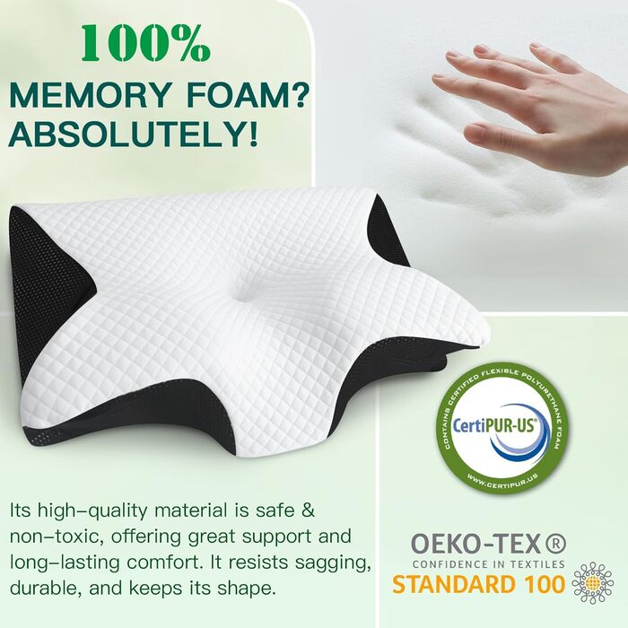 Подушка для шиї, подушка для голови, подушка з піни з ефектом пам&39яті, ергономічна подушка для підтримки шиї 2 в 1 для сну на спині, боці та животі, 60x40x12/14 см (чорна)