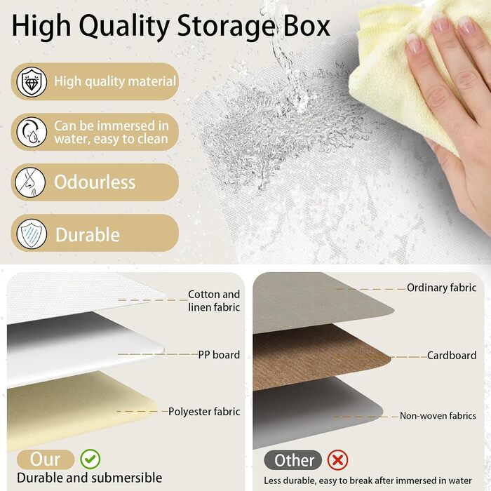 Тканинна коробка для зберігання Yawinhe з 3 предметів, складні кошики для зберігання з ручками, що праються, для спальні, зберігання одягу, 33x23x20 см, білий, SNK030WXS 33x23x20 см білий