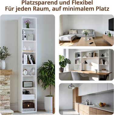 Біла книжкова полиця IRONCK, кубічна полиця з 8 полицями, вузька полиця для вітальні, офісу, спальні, кабінету, 23,6 x 30 x 180 см