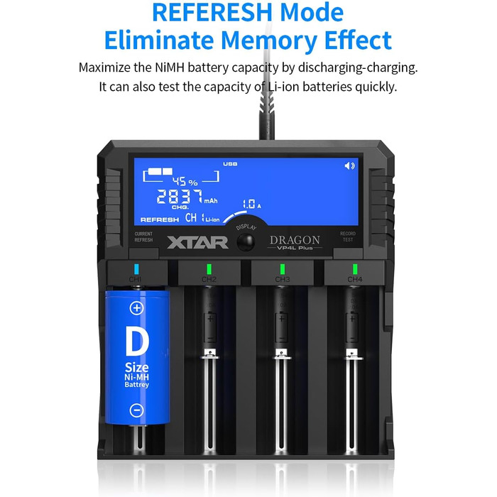 Зарядний пристрій для акумуляторів XTAR Dragon VP4L Plus 18650 21700 для літій-іонних акумуляторів 3,6 В/3,7 В, нікель-металгідридних акумуляторів 1,2 В типу AA/AAA та нікель-металгідридних акумуляторів 11,1 В 3S. Перевірте стан вашого акумулятора.