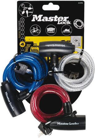 Тросовий замок Master Lock для велосипеда, ключ, сталевий трос 1,8 м, водонепроникний, 3 шт., 8127EURTRI - Використовуйте з усіма типами велосипедів, колясок та іншого спортивного спорядження