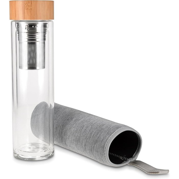 Скляна пляшка для чаю Navaris з нержавіючої сталі - пляшка для чаю 500 мл, чайник на винос - пляшка для пиття з боросилікатного скла з подвійними стінками та сірим прозорим рукавом