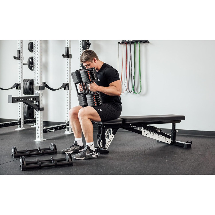 Регульовані гантелі Rep Fitness Quickdraw, доступні в кількох діапазонах ваги, включаючи 5-30, 5-40, 5-50 та 2,3-27,2 кг, 2,3 - 18 кг