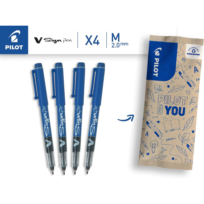 Набір з 4 (чорних) і V-Sign Pen, Fiber Pen, Набір з 4 (синіх) Black Bundle з Fiber Pen