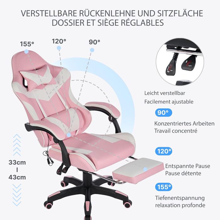 Шкіряне ігрове крісло, поворотне на 360 та ергономічне, з підголівником, поперековою опорою та підставкою для ніг, рожево-біле