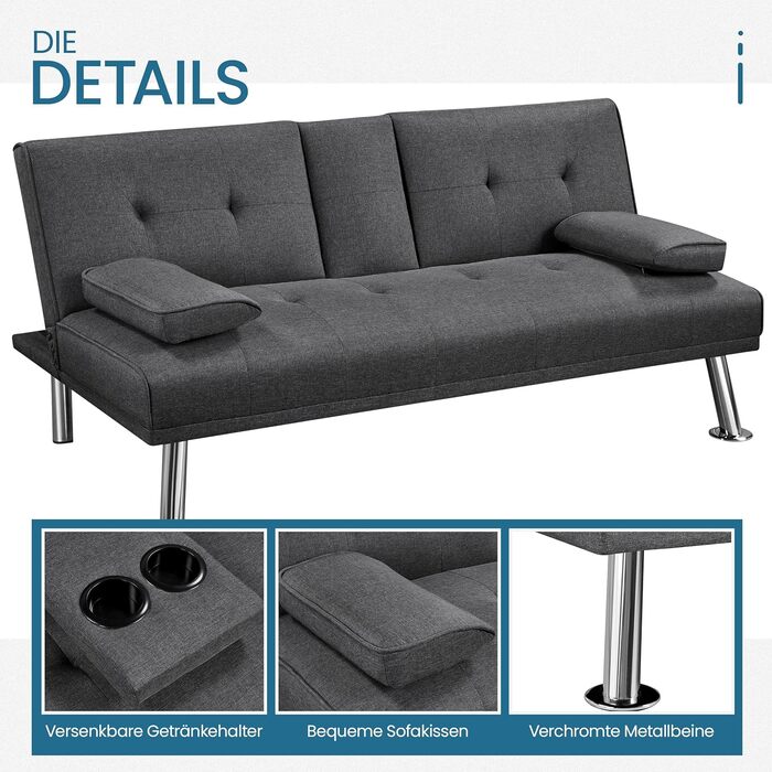 Розкладний диван Yaheetech для макс. 3 осіб, гостьове ліжко, диван, диван з функцією сну, кушетка, диван-ліжко, розкладний диван, диван-ліжко, м&39який диван, вантажопідйомність до 350 кг, темно-сірий, поліестер, темно-сірий