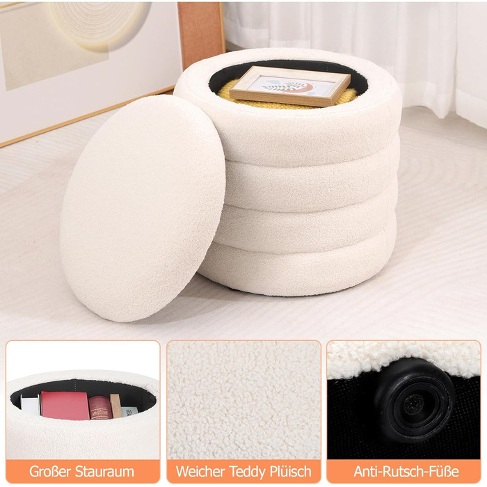 Круглий стілець для зберігання речей з плюшевої тканини - м&39який стілець, круглий туалетний столик для вітальні, спальні та коридору, Ø 46 x 47 см, білий 46x46x47 см