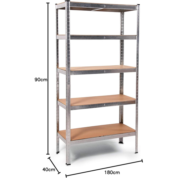 Металевий стелаж Ondis24 Thomas, полиця для зберігання 90x40x180 (В) см, полиця для підвалу, вантажопідйомність до 875 кг, сріблястий, з 5 полицями, вантажопідйомність кожна 175 кг, регульована висота, функціональний надміцний стелаж