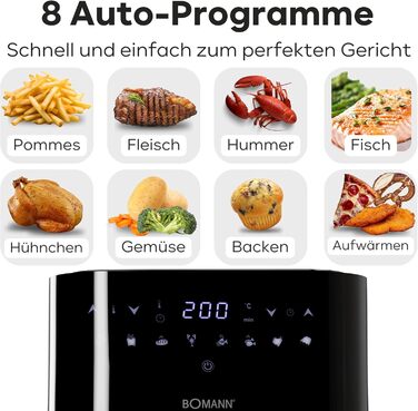 Фритюрниця Bomann XXL - фритюрниця 5 л Гаряче повітря для знежиреного смаження Мультипіч з нержавіючої сталі з цифровим сенсорним екраном Потік повітря на 360 Фритюрниця з 8 програмами FR 6069 H CB Чорний/Нержавіюча сталь *Модель 2024*