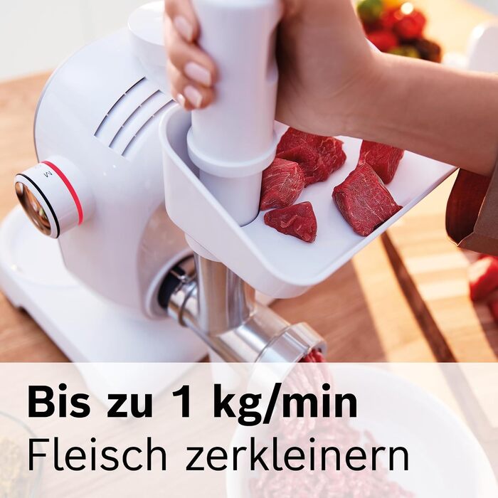 М'ясорубка Bosch MUZ5FW1, насадка для кухонних комбайнів серії 4, з штовхачем та перфорованим диском із нержавіючої сталі 4,5 мм, для м'яса, риби та овочів, легке очищення