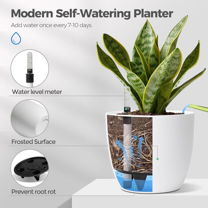 Квітковий горщик із самополивом 18 см з індикатором води, набір з 4 білих квіткових горщиків, самополивний кашпо з резервуаром для води для використання в приміщенні та на вулиці, білий, 18,5*16 см, 4U